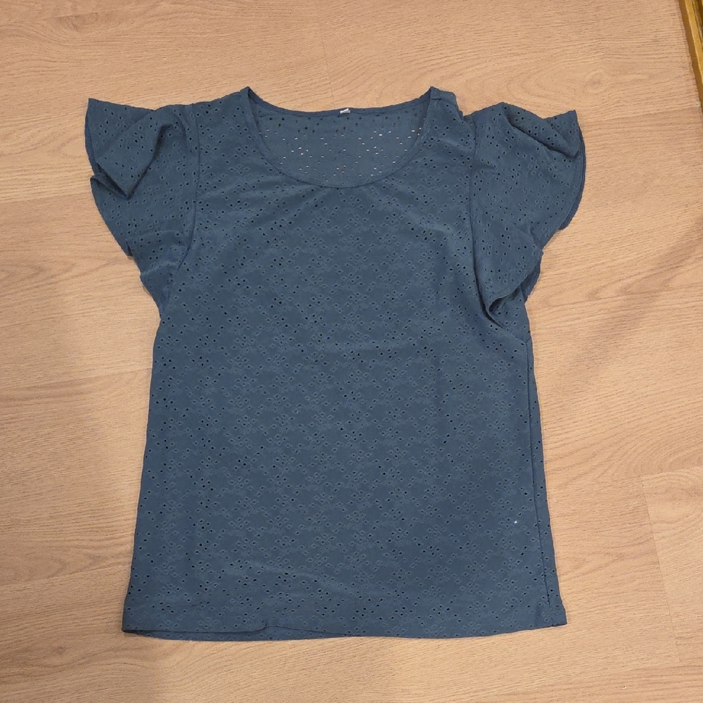 Blue Eyelet Flutter Sleeve Top